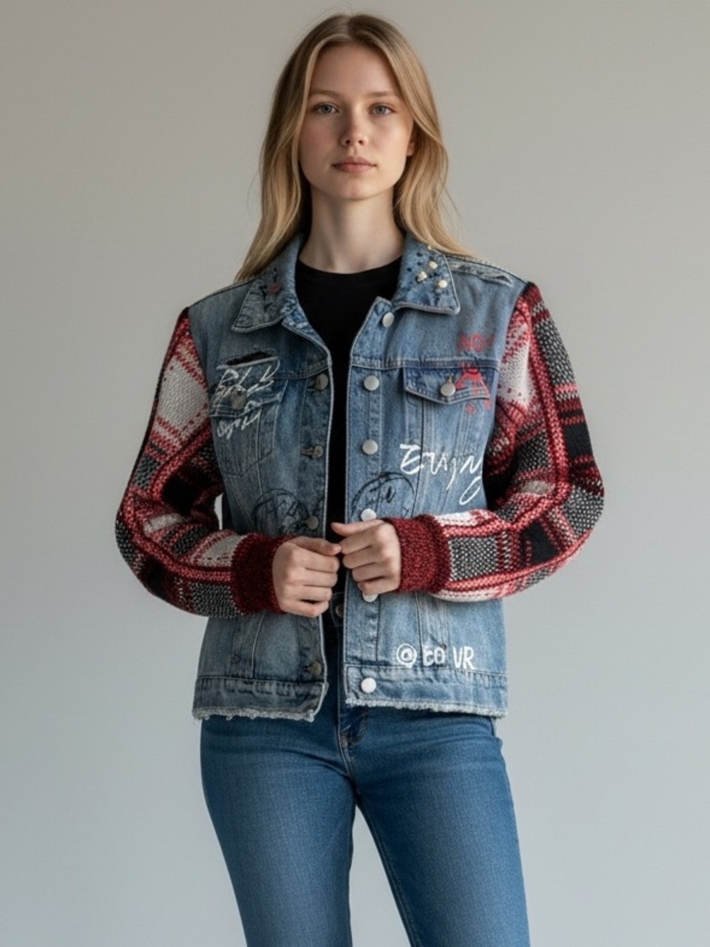 Scripted Distressed Denim Jacket Flannel Sleeves Graffiti Embellished Size XS